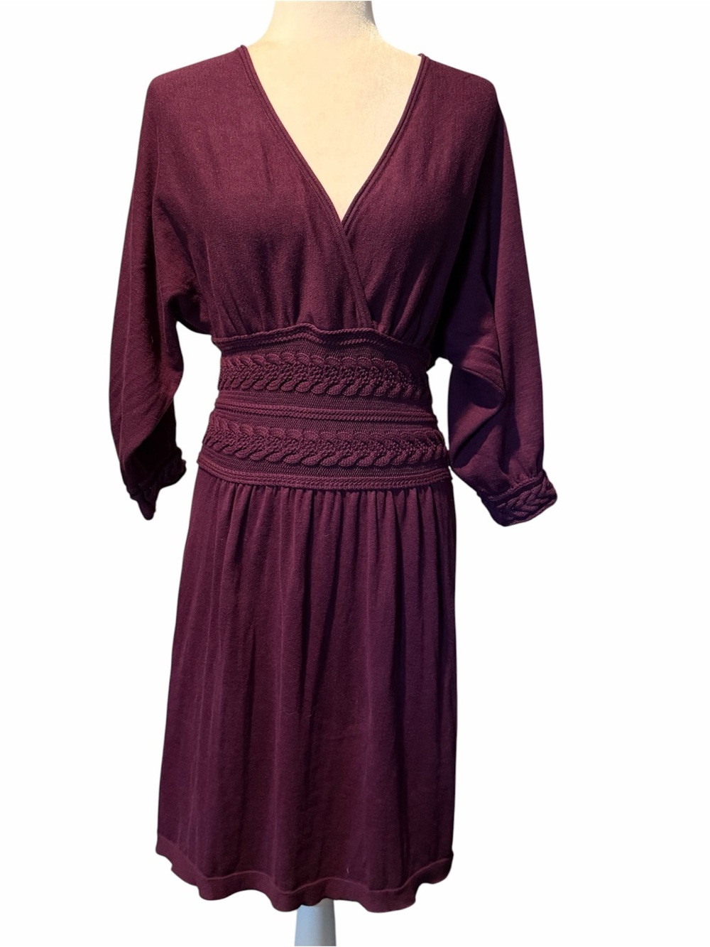 Max Studio Purple Sweater Knit Dress Empire Waist Braided Detail V-Neck Boho L